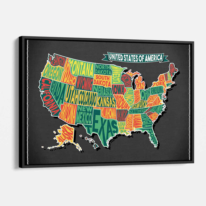 «Theophanes» multicolore, carte des États-Unis, art mural sur toile 8846, Cadre flottant noir, H 24 po x l 36 po