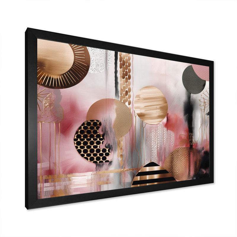 «Pink Gold Lines Scenery II - Modern Shapes», art mural transitionnel, Cadre photo noir, L 20 po x H 12 po