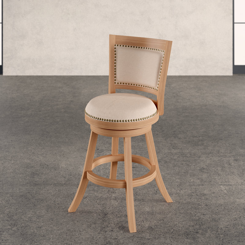 Driftwood Wire-Brush Swivel Barstool with Linen Upholstery and Brass Nailheads