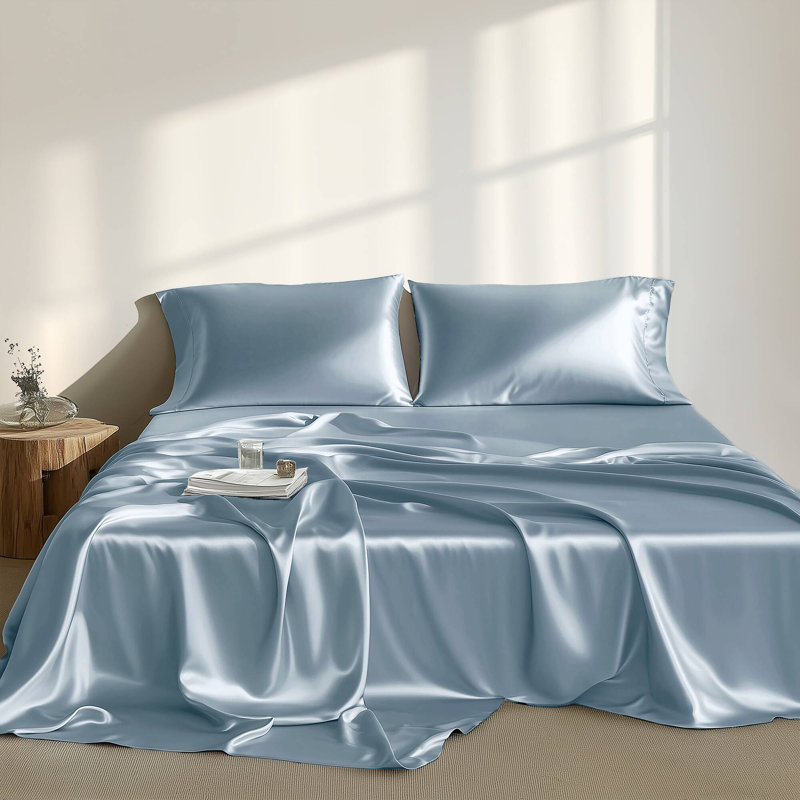 Satin Blue 100% Satin Luxury Wrinkle Resistant 6-Piece King Sheet Set, Blue, King Sheet Set + 4 Standard Pillowcases