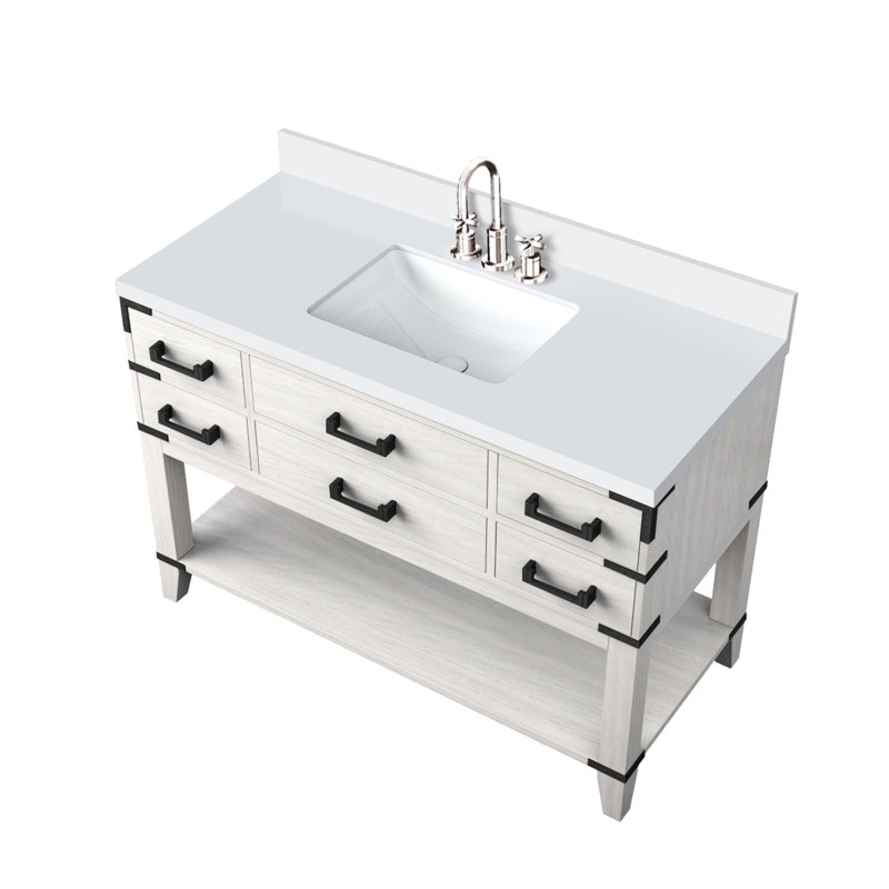 Meuble-lavabo simple en chêne blanc 48 po Large avec dessus en quartz scellé deux fois, robinet inclus et cinq tiroirs de rangement