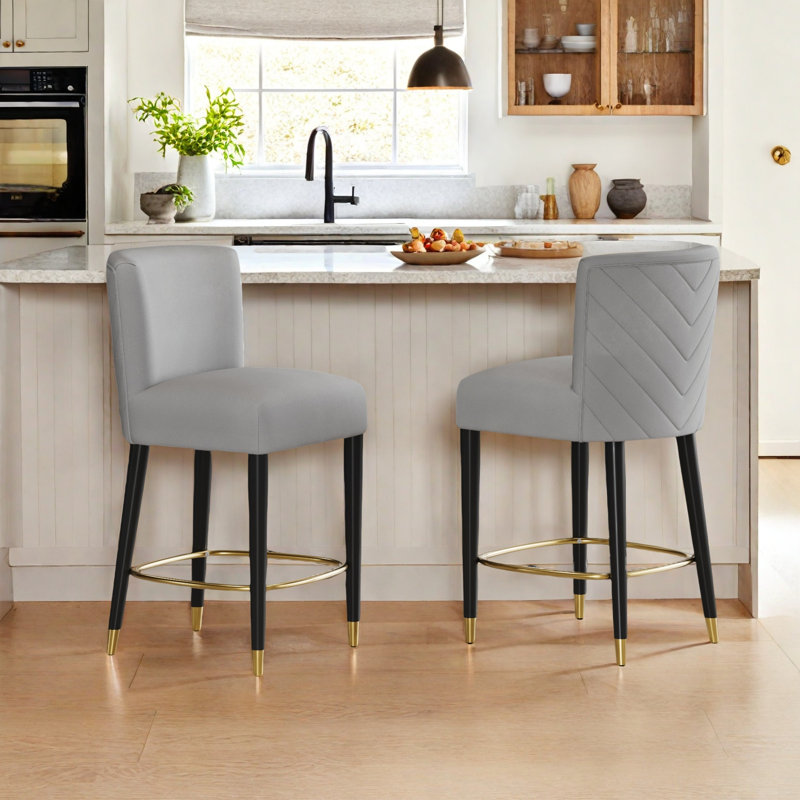 38.25'' H Solid Wood Velvet Counter Stool, Gray