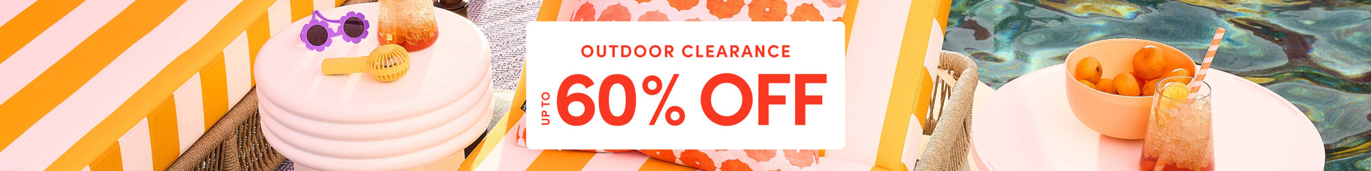 Outdoor Clearance, up to 60% off, featuring orange and white striped lounge chairs by a swimming pool.