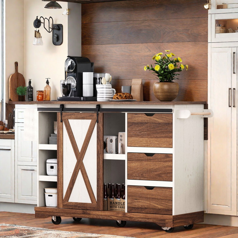 55.5'' Farmhouse Kitchen Island With Drop Leaf, Storage, Power Outlet & Wheels - Ideal For Home, Kitchen & Dining Room?
