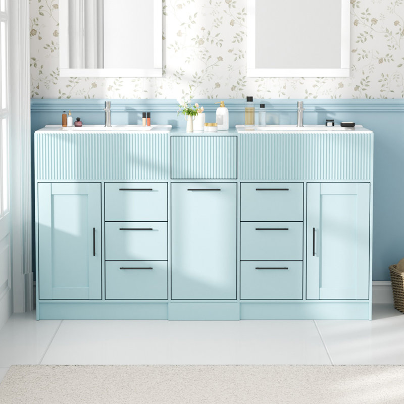 60" Modern Blue Freestanding Double Sink Bathroom Vanity Set with Integrated Sinks and Storage, Blue