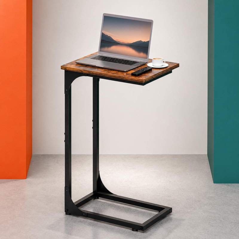 Modern Style C-Shaped Sofa Side Table - Waterproof And Scratch-Resistant, Metal Frame, Retro Brown.