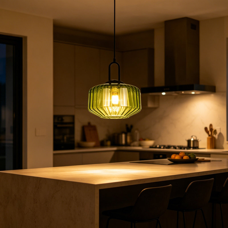 Modern Green Glass Pendant Light, Adjustable Cord, E26 Bulb Included