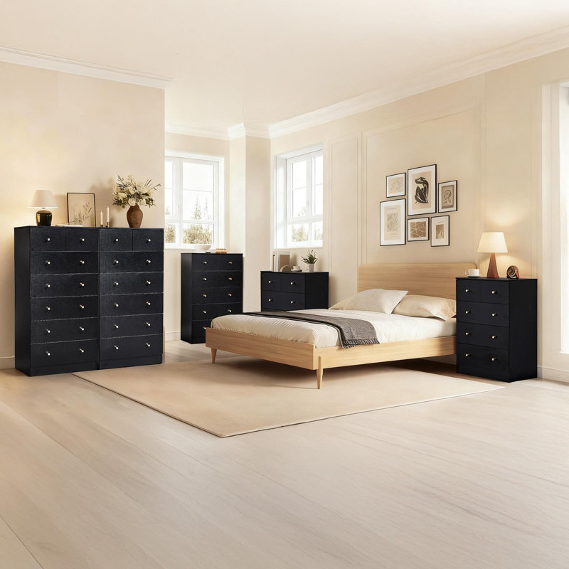 Grande commode anti-basculement à 5 tiroirs avec poignées en or rose, commode en bois noir pour la chambre à coucher, rangement dans l'entrée du salon