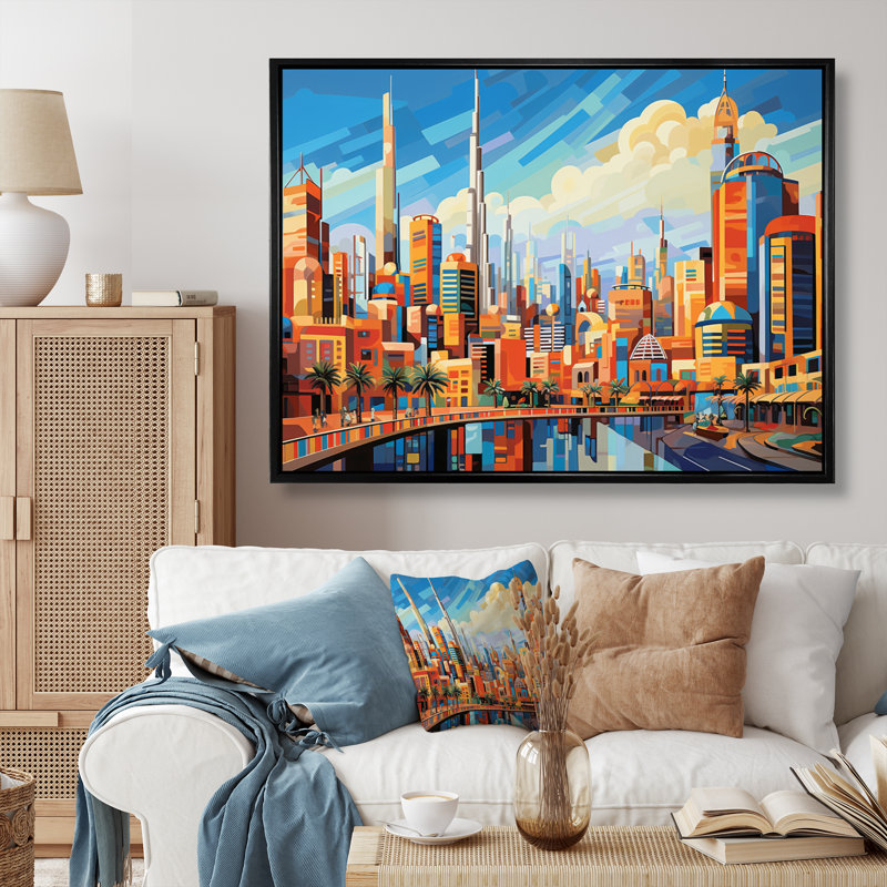 Pop Art, paysage urbain de Dubaï III, impression sur toile encadrée, Cadre flottant noir, 34" H x 44" W