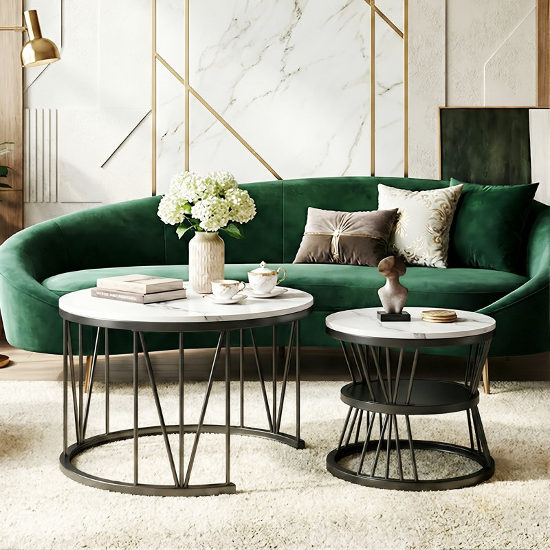 Round Nesting Coffee Tables (70+45Cm), Marble Effect V-Wire Frame With 2-Tier Storage Side Table, Black