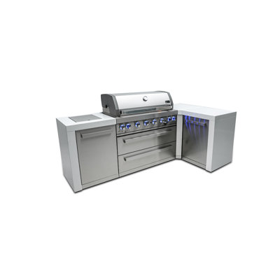 Îlot de cuisine extérieure modulaire de luxe en acier inoxydable en forme de L Mont Alpi Premium 94 po L x 50 po P avec brûleur latéral infrarouge + barbecue à gaz 6 brûleurs 44 po L + comptoirs en granit + armoires et tiroirs de rangement + convertible au gaz naturel + garantie à vie
