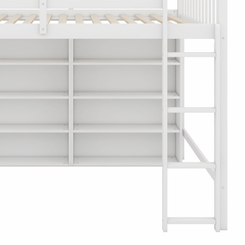 Lit mezzanine avec tablettes de rangement ouvertes, Blanc antique