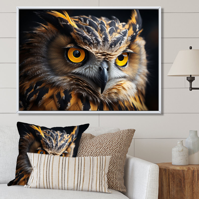 Portrait d'un hibou jaune - impression, H 34 po x l 44 po x P 1,5 po, Cadre flottant blanc