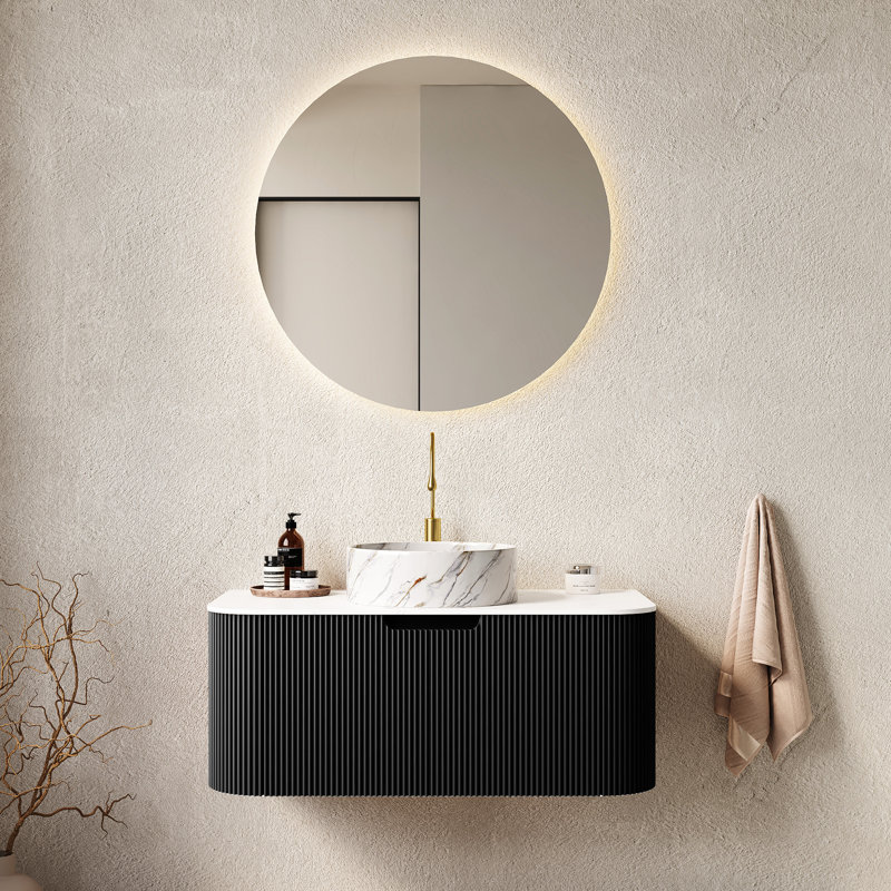 Meuble-lavabo mural de 36 po, lavabo rond blanc avec textures de pierre, armoire de rangement noire, conception 3D à trois côtés, tiroir à pleine extension, installation facile à installer