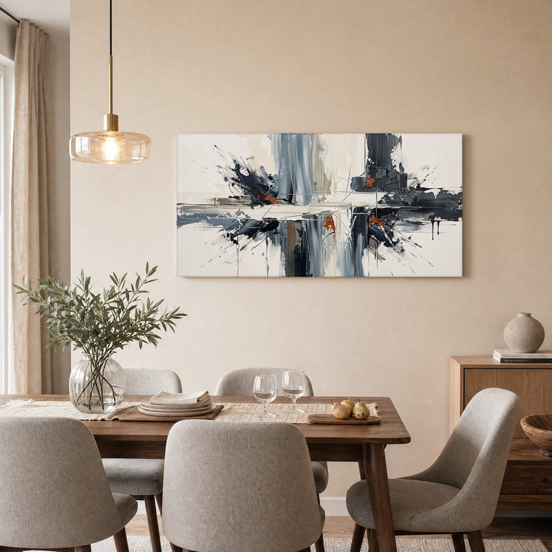 Tableau abstrait à coups de pinceau noirs, gris et rouille sur toile, 46“W x 24”H