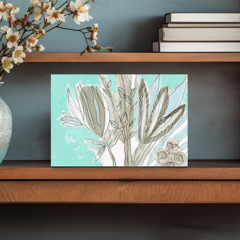 Art mural abstrait printemps été bleu clair clair sur fond gris primitif floral 1, H 12 po x l 18 po