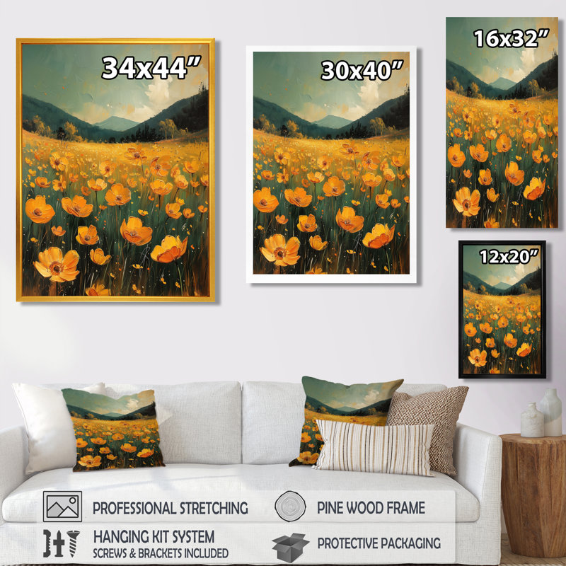 Décoration murale orange bouton d'or noir Meadow Bliss II - boutons d'or, H 44 po x l 34 po x P 1,5 po