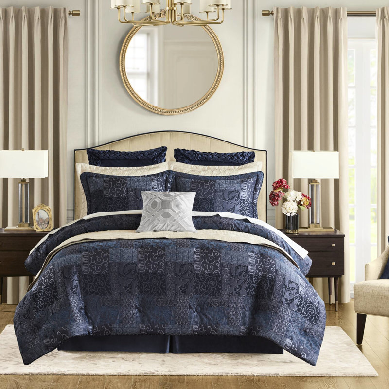 2022 Upgraded Navy 4 Pcs King Comforter - , Decorative Rope , Solid Reverse Backing Hidden Zippers, Exquisite Patchwork, Supportive Wadding, Machine Washable