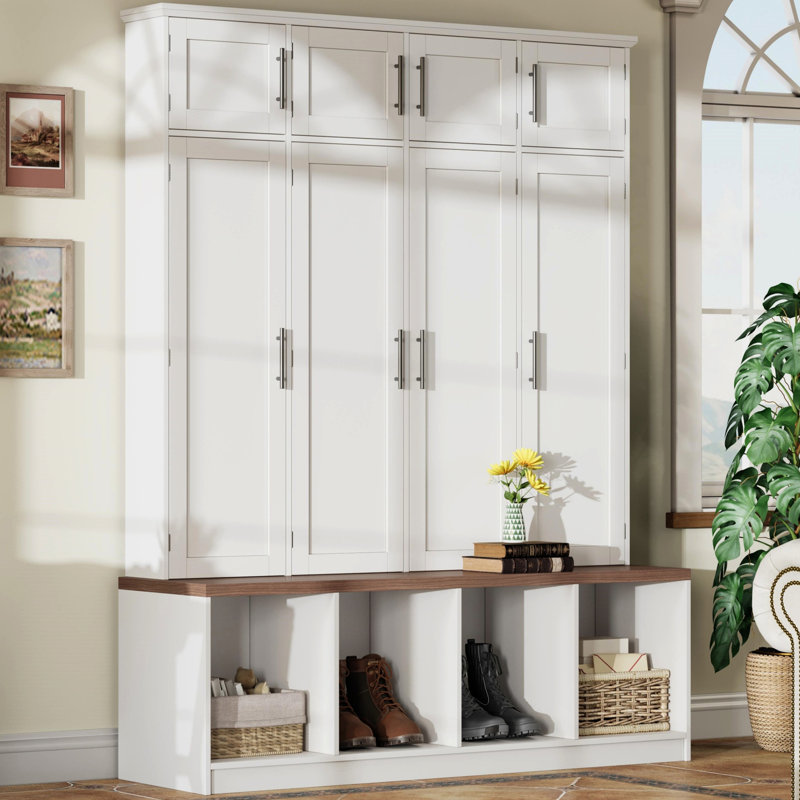 Lumen Farmhouse 4-in-1 Hall Tree with Hidden Hooks & 8 Doors, White
