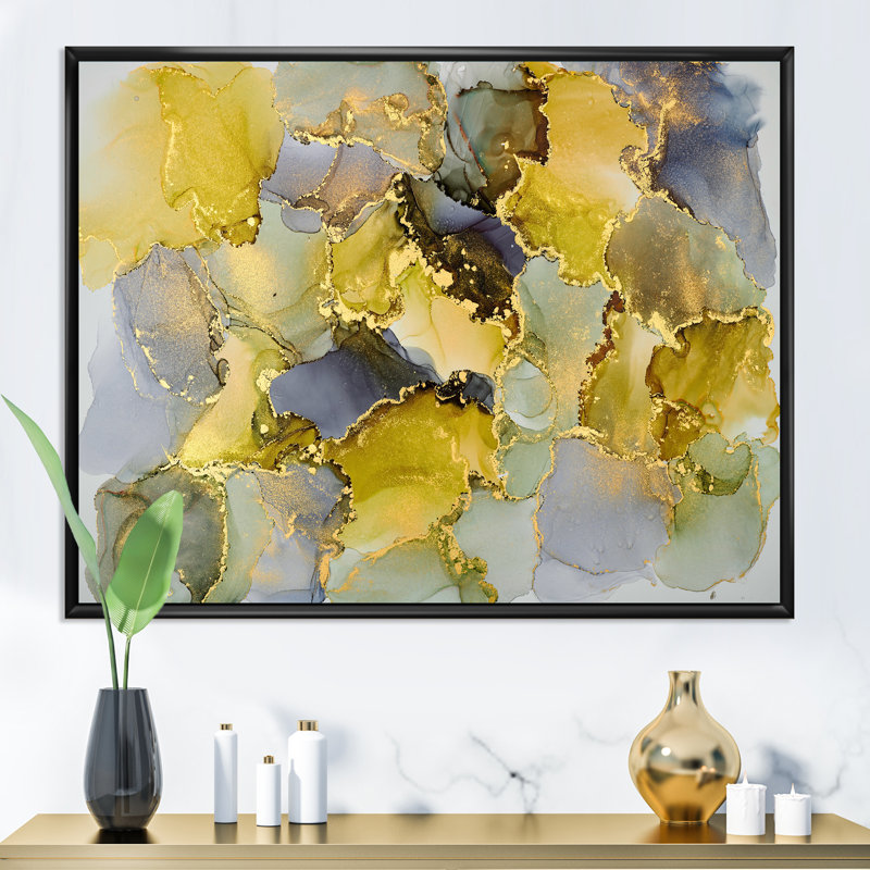 Vert luxueux abstrait fluide V - peinture sur toile, Cadre flottant noir, H 34 po x l 44 po x P 1,5 po