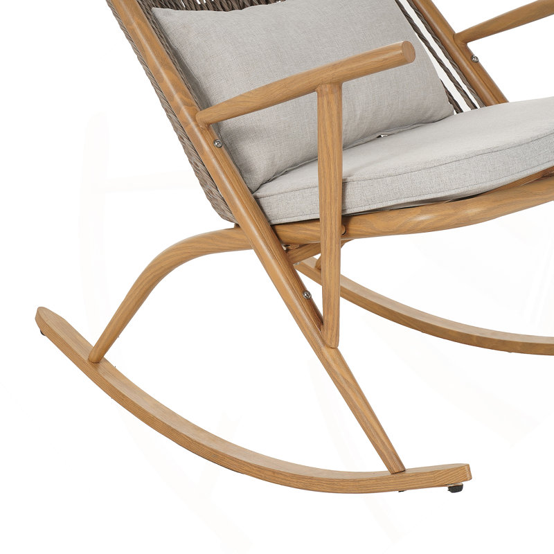 Outdoor Rocking Chair – Sturdy Iron Frame In Maple Finish, Gray PE Rattan Backrest & Light Gray Cushion
