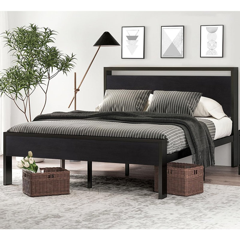 Metal Platform Bed Frame With Wooden Headboard & Footboard – Black Oak – Modern Storage Style