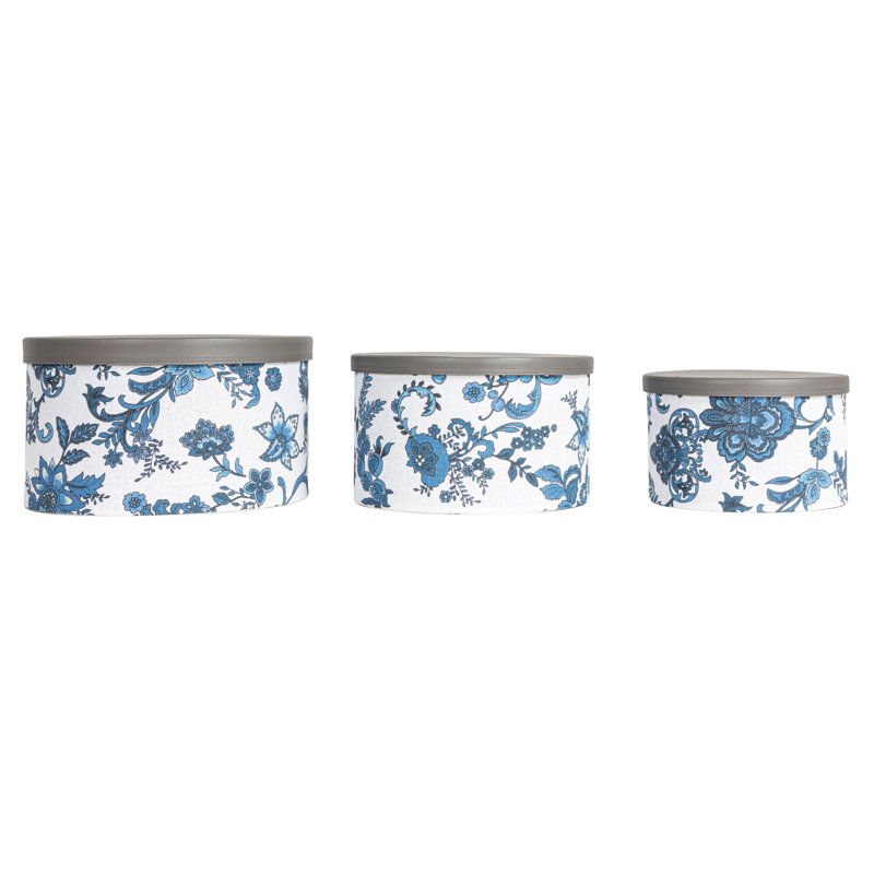 Bodo Round Hat Boxes with Lids, Vibrant Scallop Print with Faux Leather Lids, Poly-Cotton and Non-Woven PP Liner, Large, Medium and Small, Stackable and Nestable