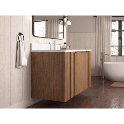 Meuble-lavabo suspendu moderne Tennant Brand de 48 pouces, couleur chêne chaud brun fumé, lavabo simple, comptoir en quartz blanc, entièrement assemblé