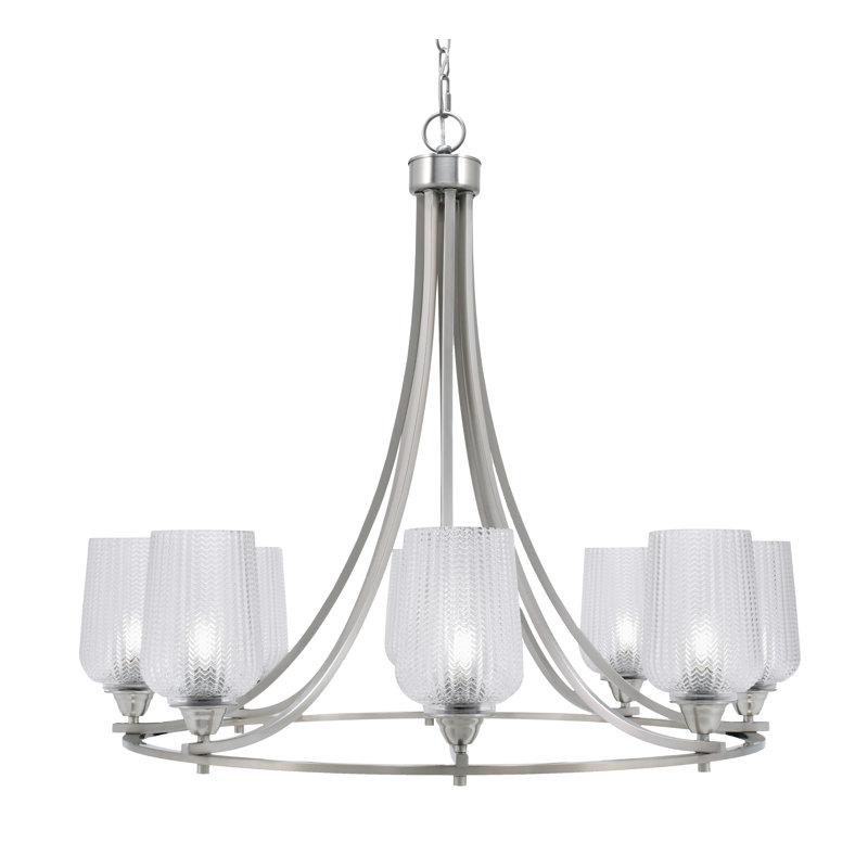 Lustre 8 lumières avec verre texturé transparent Paramount, Nickel brossé, Grainé transparent