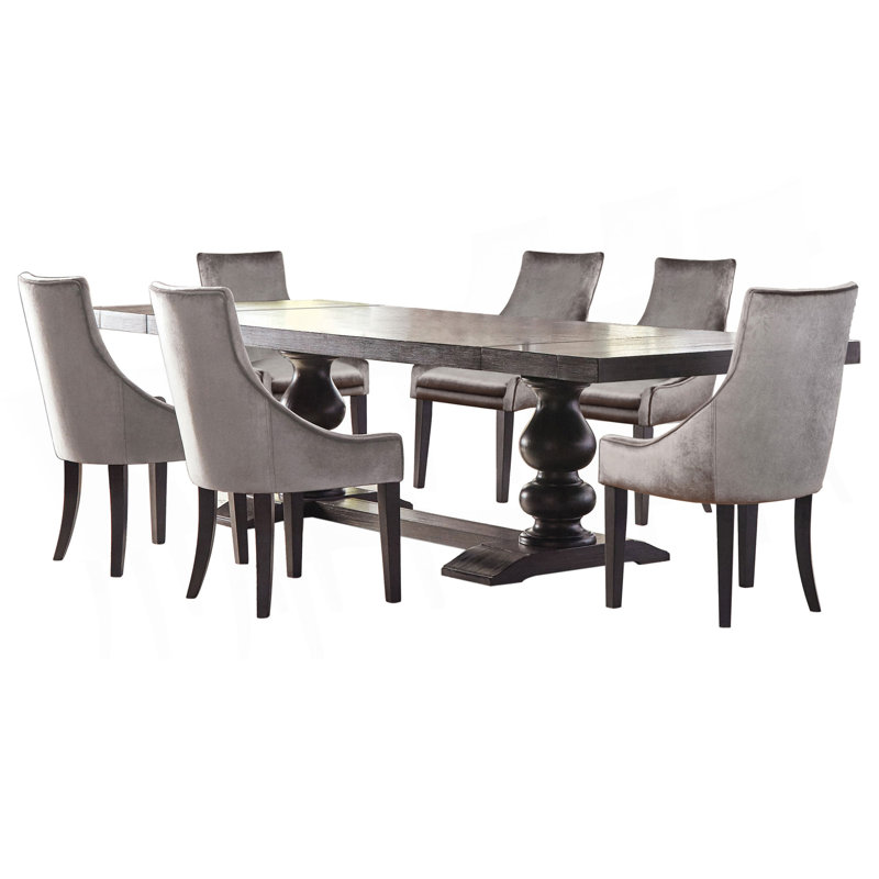 Ensemble de salle à manger gris et noir antique, 7 pièces : table, 6 chaises