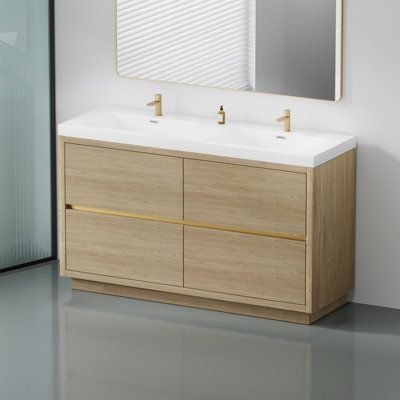 Meuble-lavabo autoportant avec lavabos doubles, armoire de rangement, comptoir en résine de pierre, tiroirs à fermeture en douceur, chêne naturel 24v14-60dno