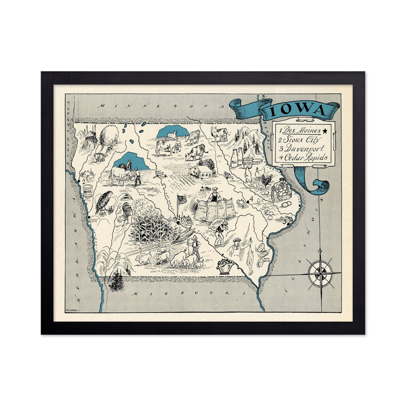 Carte illustrée de l'Iowa, Sans cadre, Affiche, H 24 po x l 32 po
