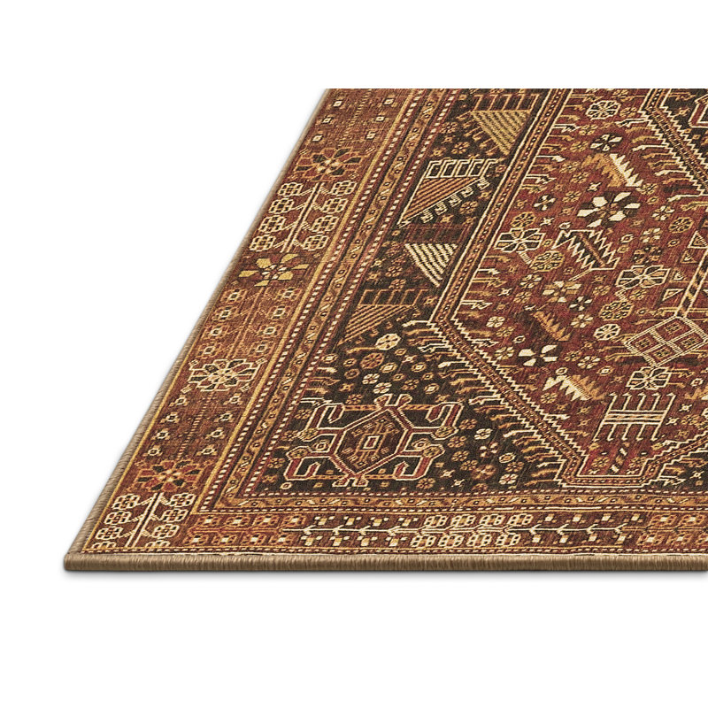 Tapis oriental en laine / polyester tissé à la machine Jenesa en brun / noir / rouge, Rectangle 7 pi x 9 pi