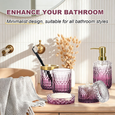 Embossed Glass Bathroom Accessory Set (Ombre Red+Gold)