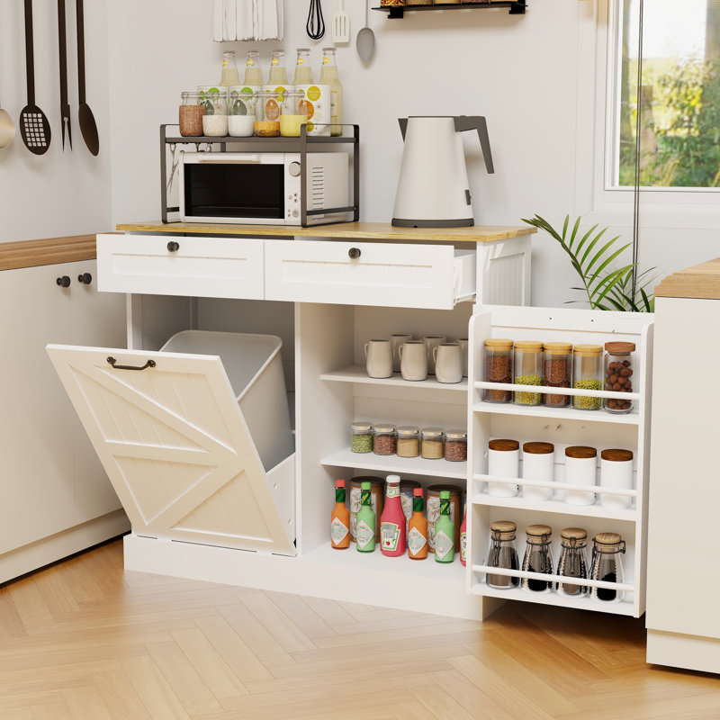 Armoire-poubelle de cuisine blanche avec 2 tiroirs, 1 tablette inclinable et des tablettes - look moderne pour espace de porte de rangement