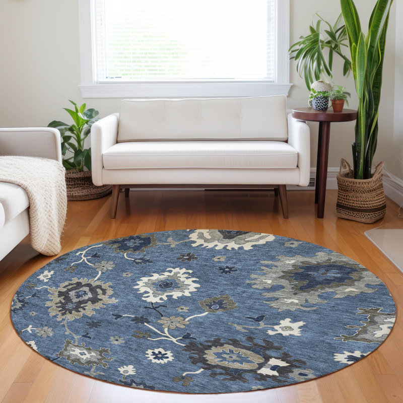 Premium Machine Washable Prisco Blue Rug, Round 8'