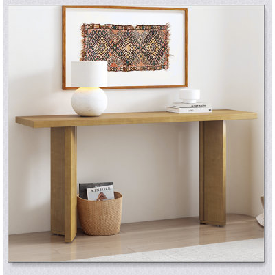 Élégante console avec placage de pin et pieds géométriques, idéale pour le salon, le bureau et la salle à manger