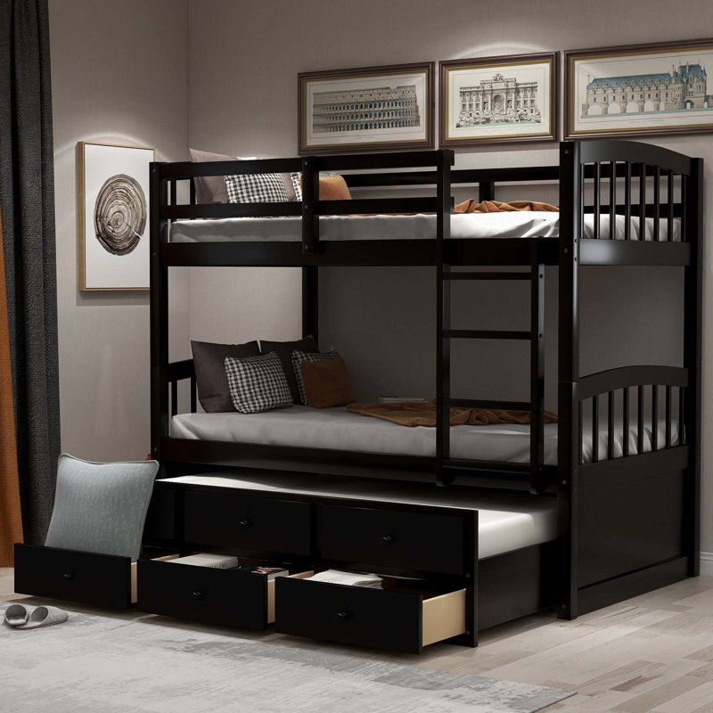 Feola Kids Twin Over Twin Bunk Bed with Trundle with Drawers, Espresso