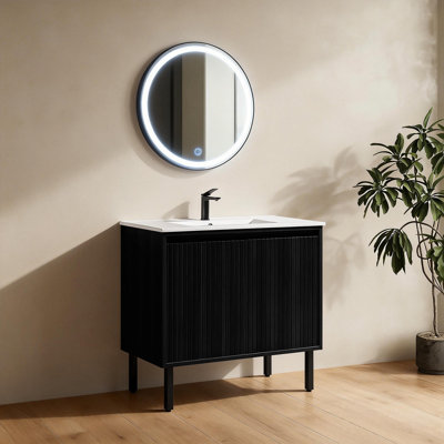 Bathroom Vanity Cabinet with Sink  Wall Mounted Bathroom Vanities with Ceramic Sink Floating Fluted Sink Vanity with Drawers,Modern,