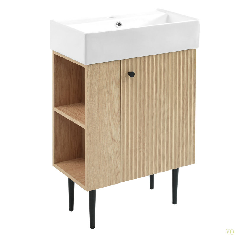Meuble-lavabo en bois 21,6 po, armoire combinée, meuble de rangement pour salle de bain, lavabo simple en céramique, rangement à gauche