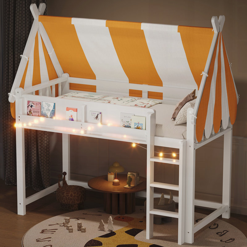 Lit mezzanine avec auvent, lumières DEL et étagère à livres, Lit simple, Blanc