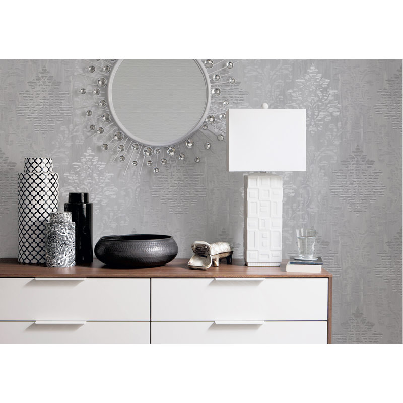 Metallic FX Modern Metallic Damask 33' L x 21" W Wallpaper Roll, Gray