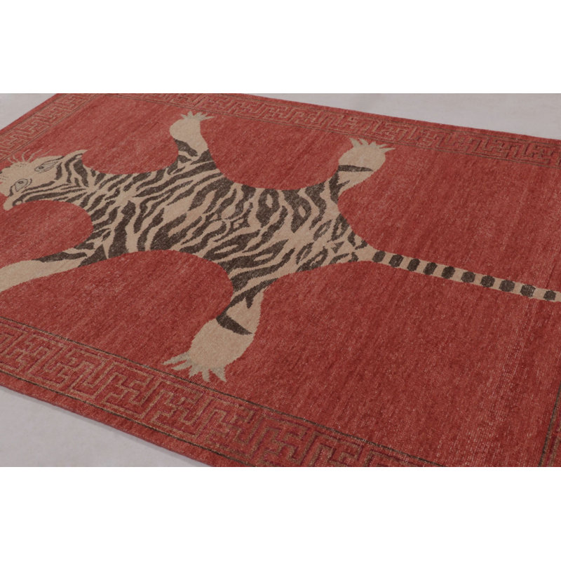 Rug & Kilim’S Distressed Tiger Rug In Red With Beige And Brown Pictorial