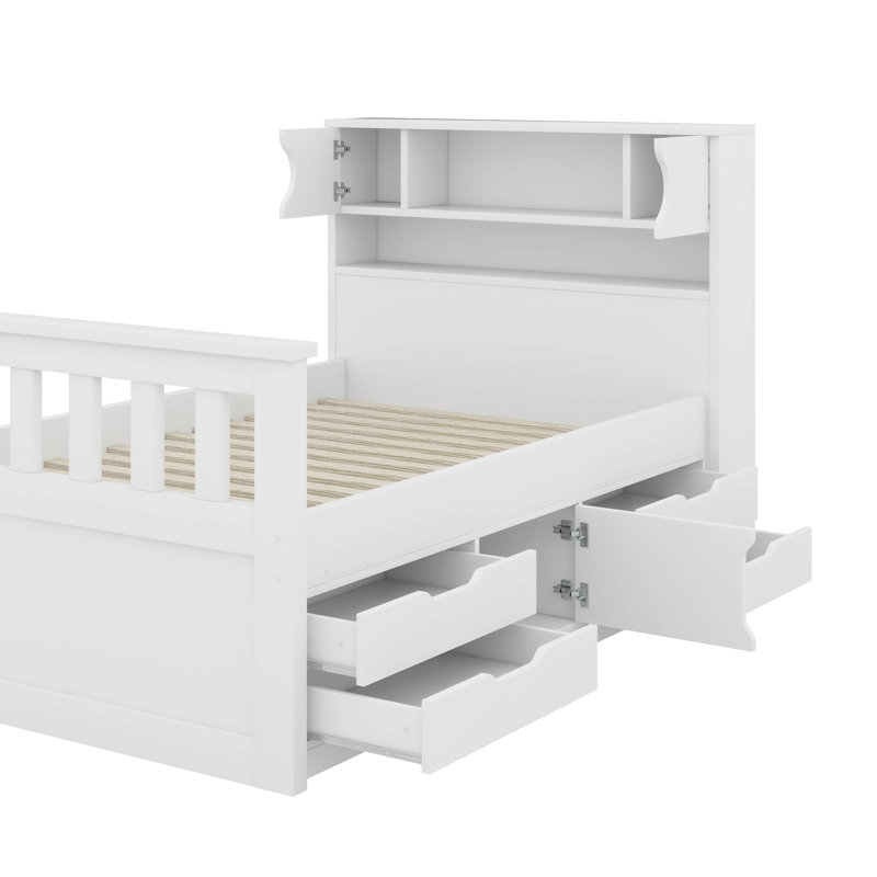 Structure de lit plateforme simple avec bibliothèques, étagères et tiroirs, Blanc