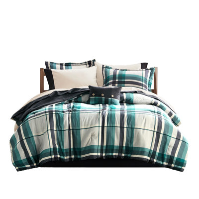 9 Piece, Teal/Black, Plaid, Queen, Microfiber, Bed Comforter , Furnishings, , Machine Washable Queen Size Pcs Teal/Black Plaid Microfiber And Sheet Bundle - Coordinating Solid Labeled