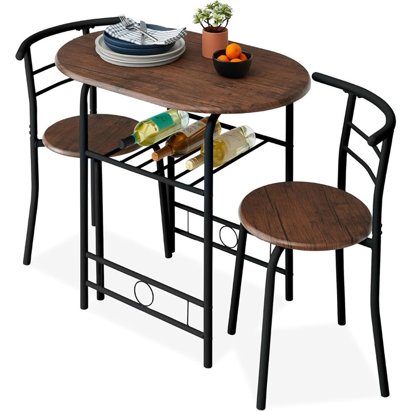 Ensemble de table ronde et de chaises en bois 3 pièces pour la cuisine, la salle à manger, l'espace compact avec cadre en acier, support à vin intégré