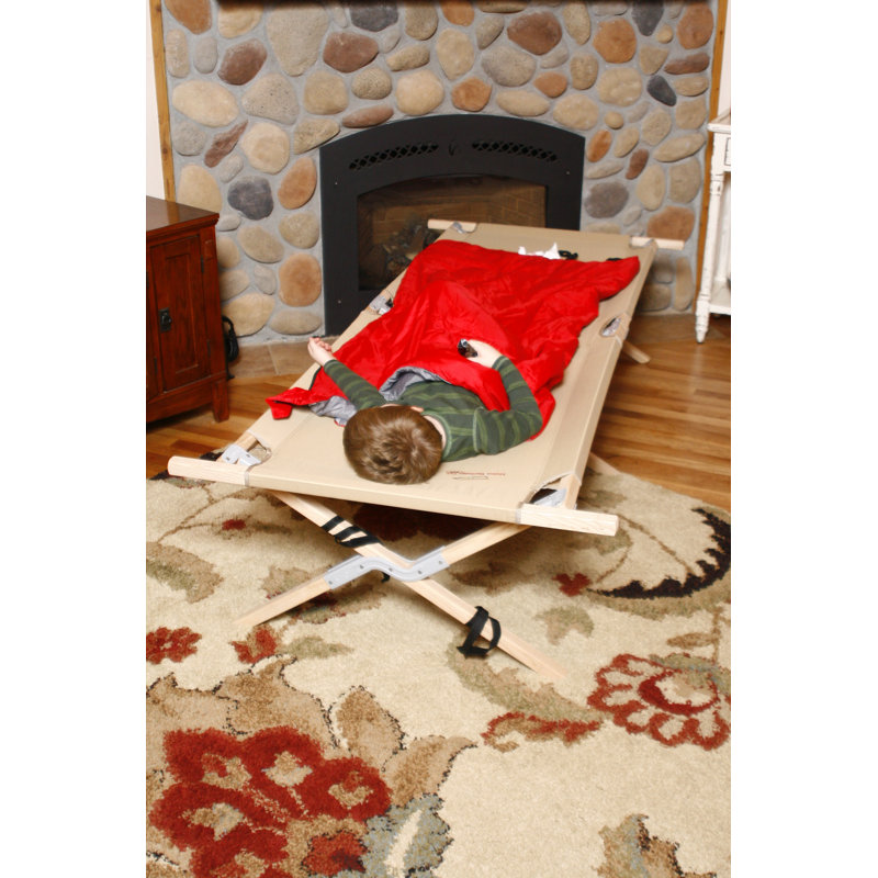 Beige Wooden Folding Camping Cot with Polyester Fabric