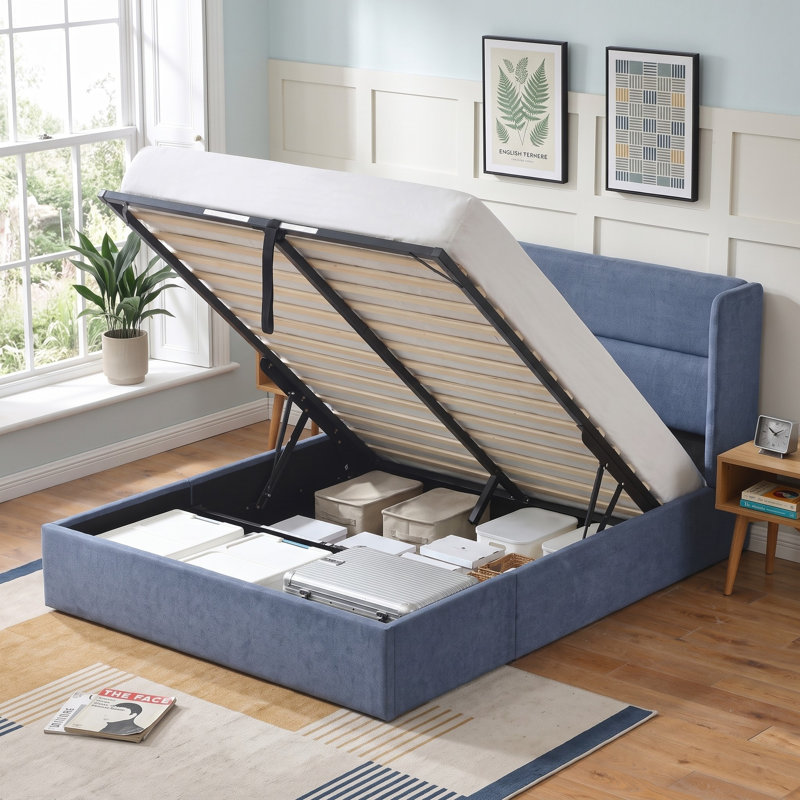 Lit plateforme tapissier avec rangement Gaillarde, Bleu brume grisâtre, Grand