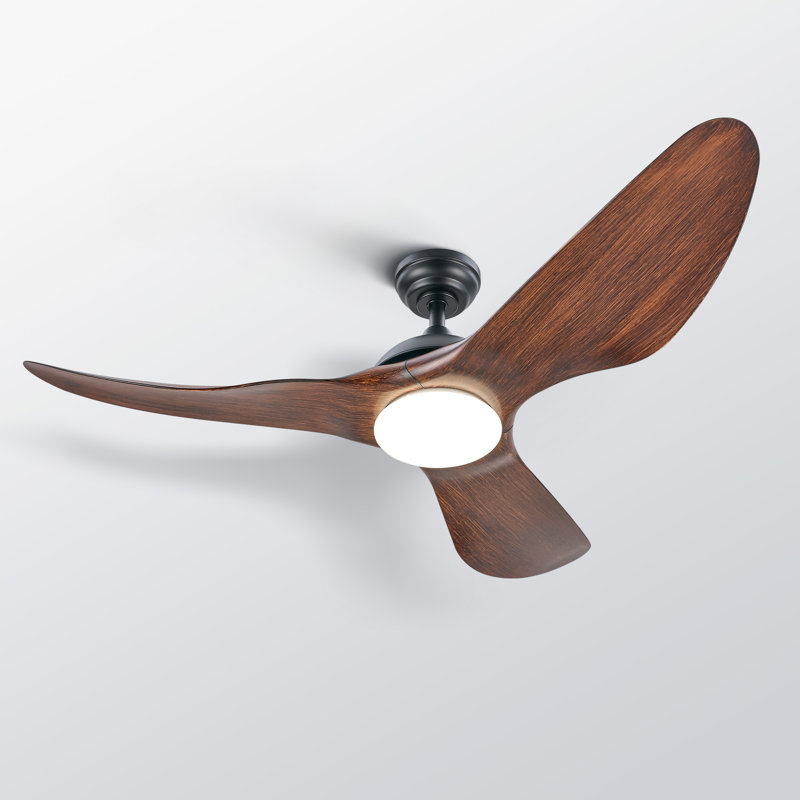 Ventilateur de plafond d'extérieur à DEL 52 po à 3 pales avec lumière à intensité variable et télécommande, Bois brun