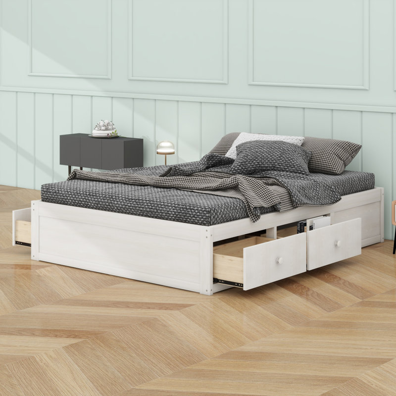 Structure de lit plateforme contemporaine avec 4 tiroirs de rangement et pied de lit, sans tête de lit, Antique White